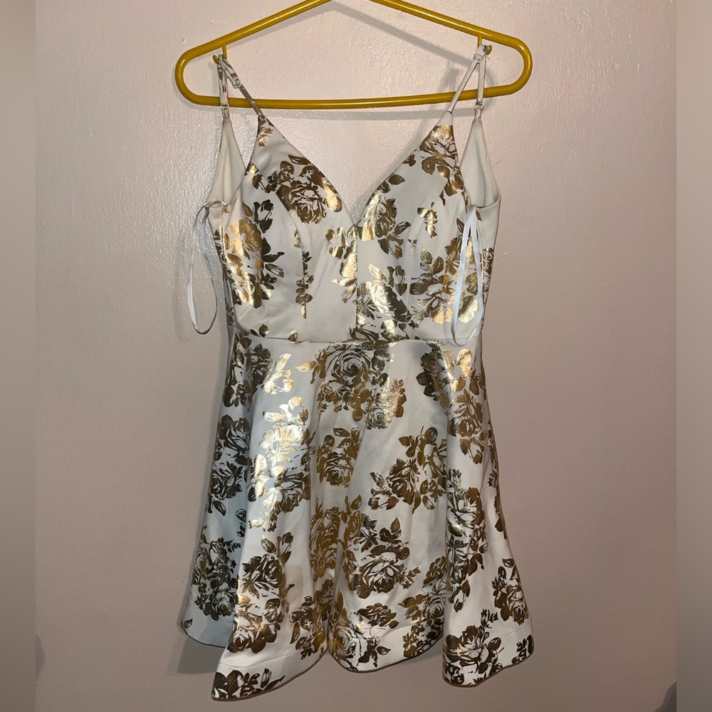 B Darlin White Dress with Gold Floral Foil